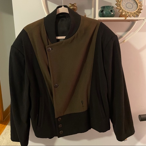 Maurizio Bonas Vintage Italy Green Black Shoulder Pads Bomber Coat Size 50 Large - Picture 2 of 12